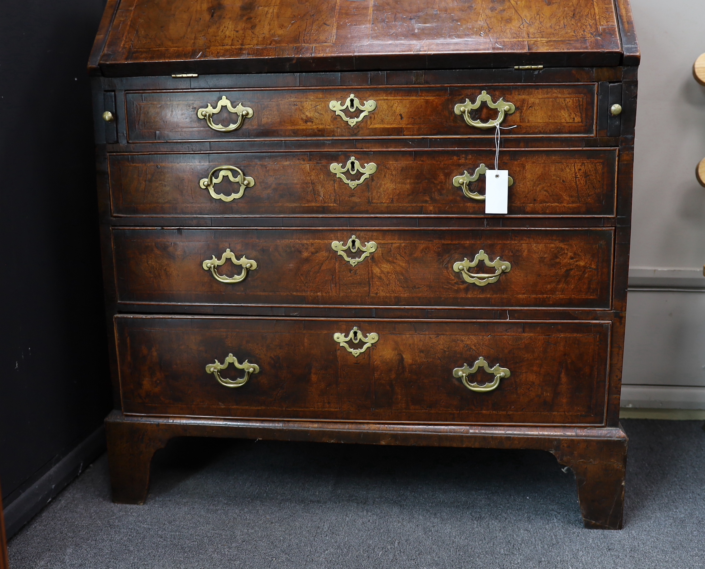 An mid 18th century banded walnut bureau, width 92cm, depth 48cm, height 104cm